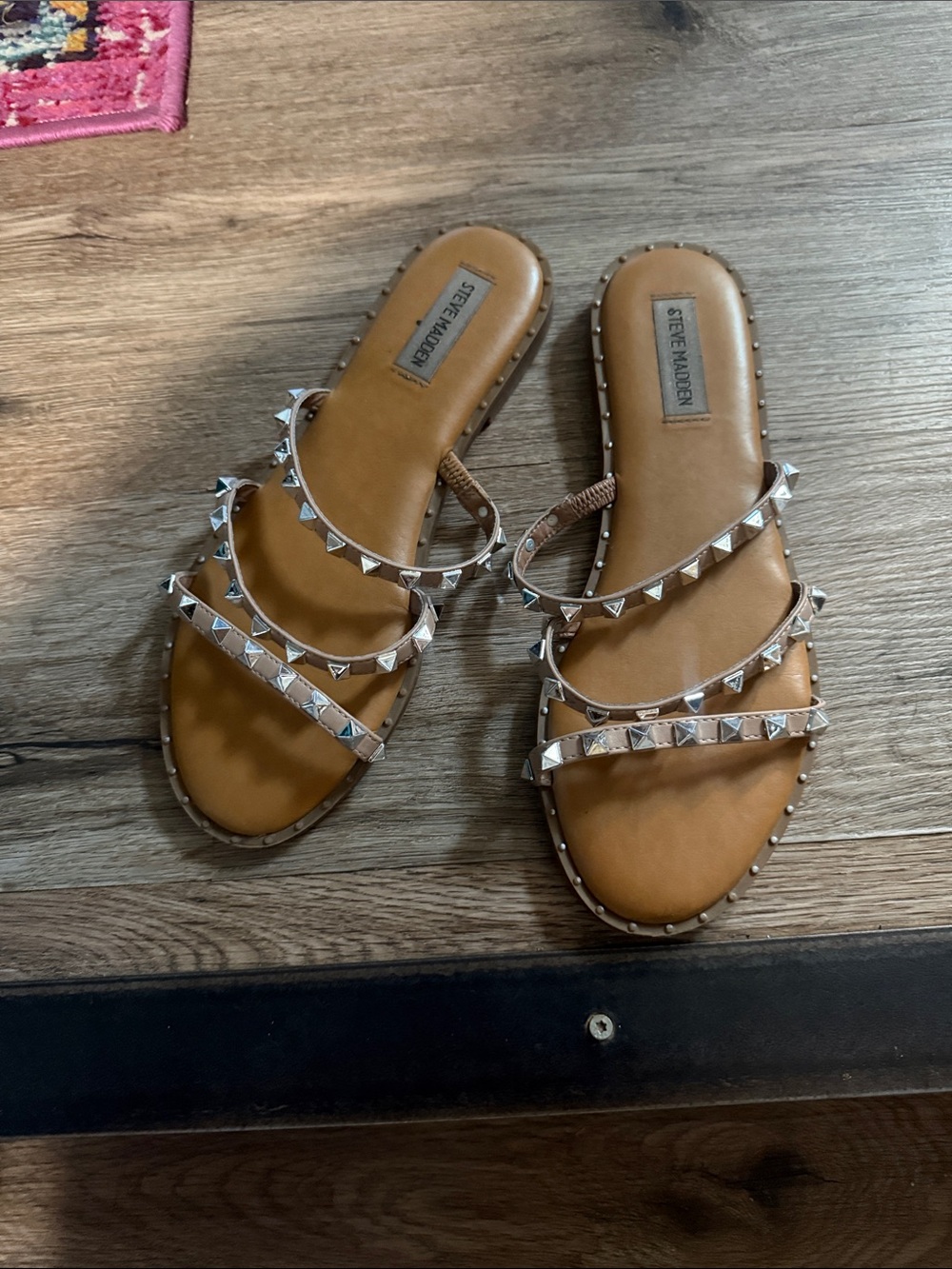 Steve Madden Tan Pyramid Stud Slide Sandals